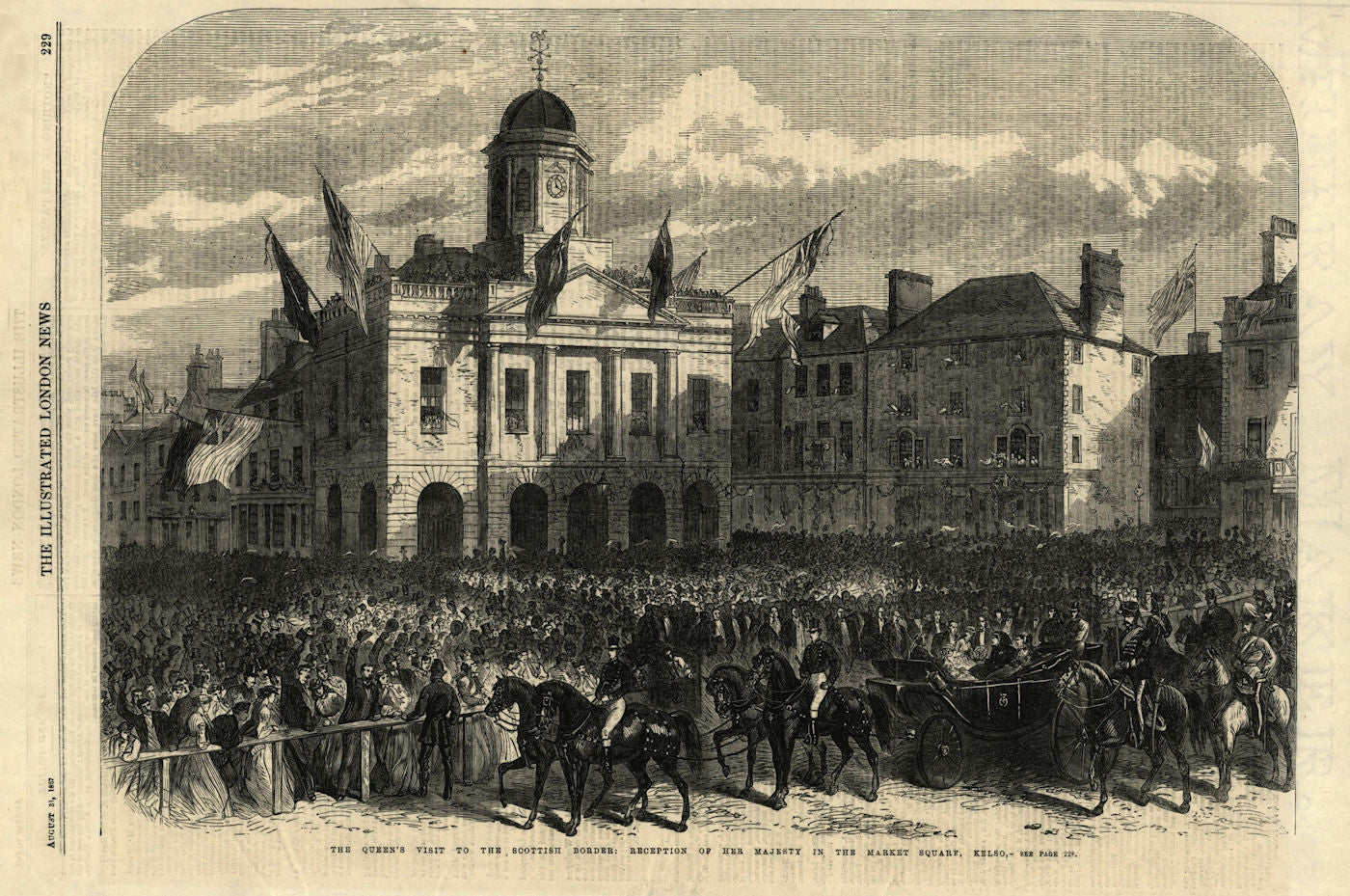 Reception of Queen Victoria, Market Square, Kelso. Scotland 1867 old print